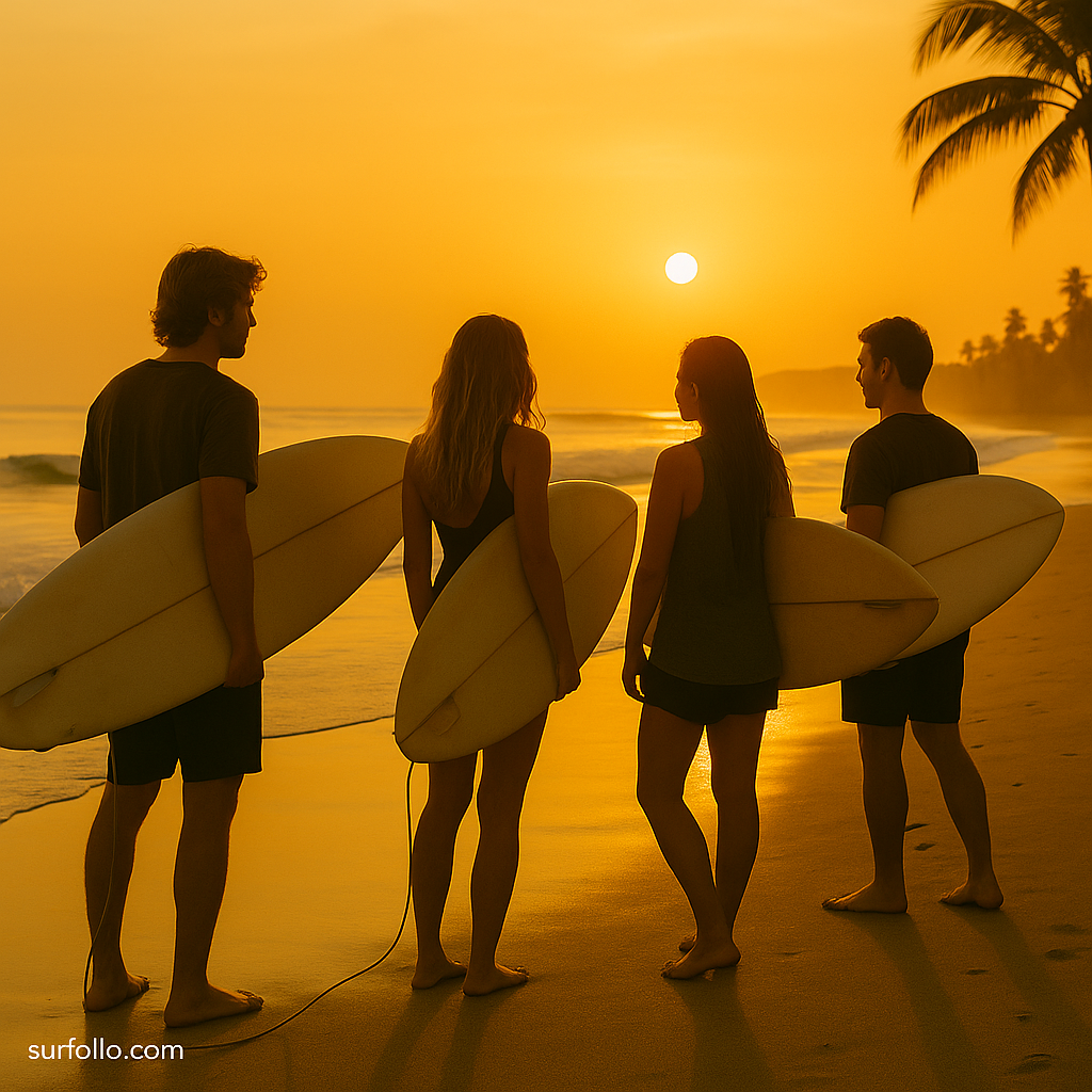Group of surfers standing together on the beach at sunrise holding surfboards, symbolizing community and connection.