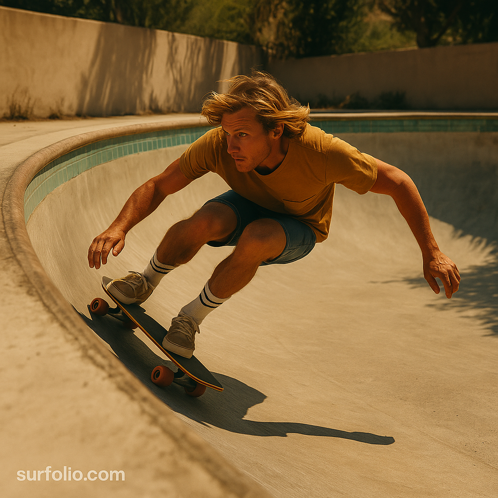 Skater carving in an empty pool inspired by surf-style movement.