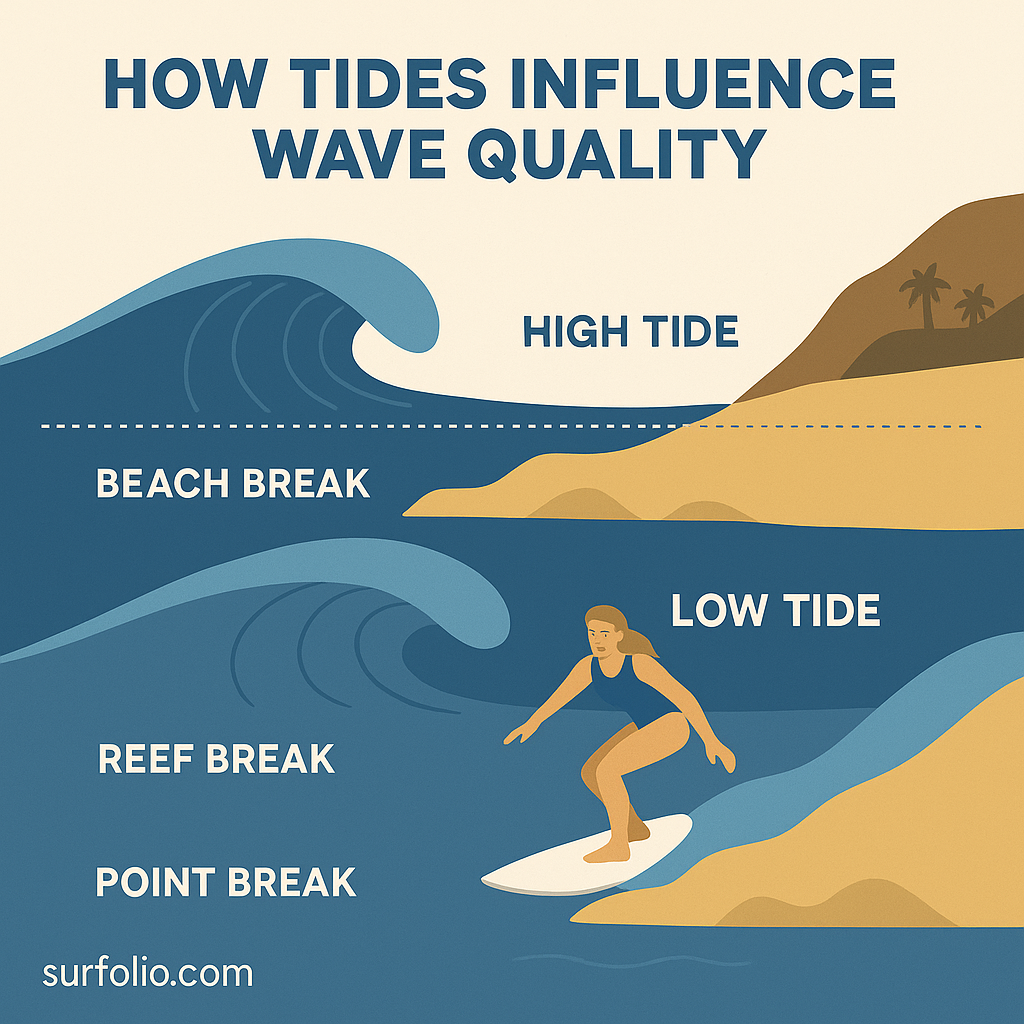 How high and low tides affect wave quality and different surf breaks along the coast