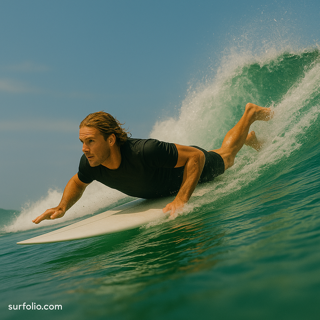 Surfer performing an angled takeoff on a clean wave to align with the open face.