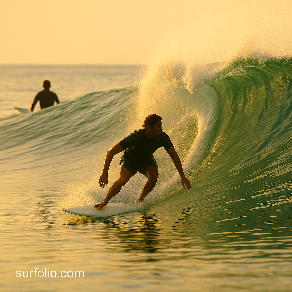 A surfer rides a wave while another waits patiently behind to avoid dropping in.