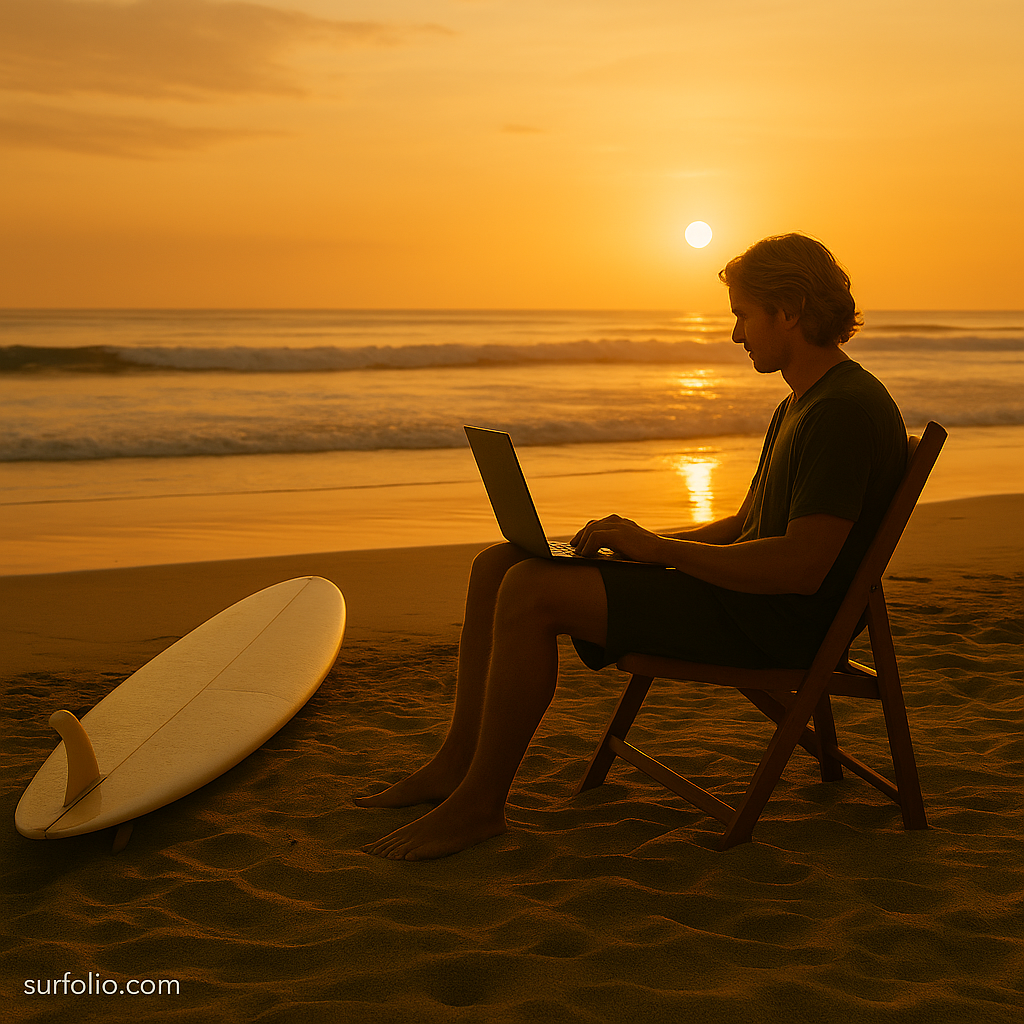 Surfer working on a laptop by the beach with a surfboard beside him at sunrise.