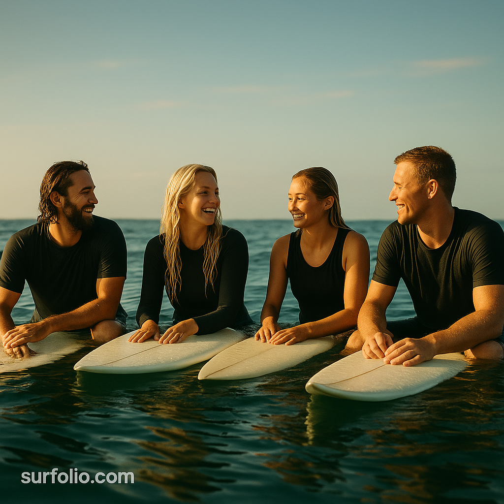 Group of surfers sitting in the lineup smiling and talking while waiting for waves.