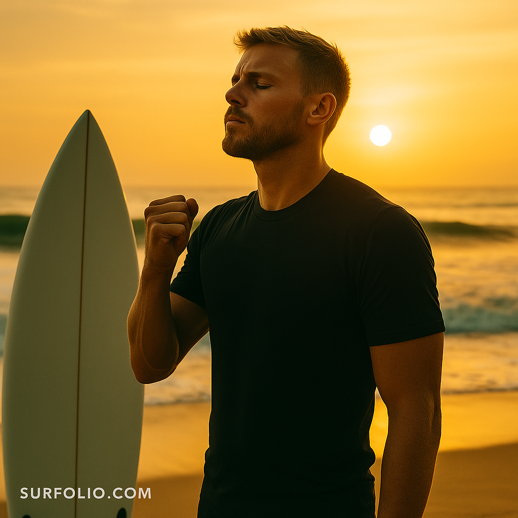 Surfer standing on the beach before paddling out, taking a deep breath while looking at the ocean.