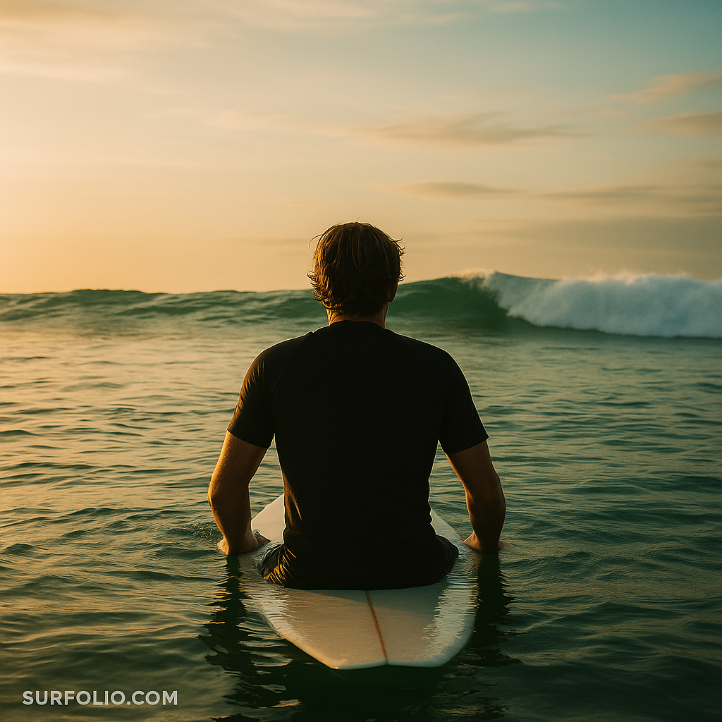 Surfer sitting on their board in the lineup, watching incoming waves and studying the ocean.