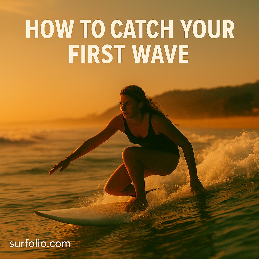 Beginner surfer catching their first wave on a soft-top board under golden sunlight.
