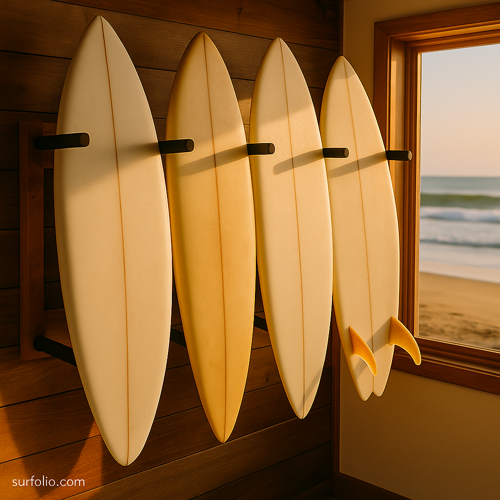 Surfboards neatly stored on a wooden wall rack in a sunlit beach house.