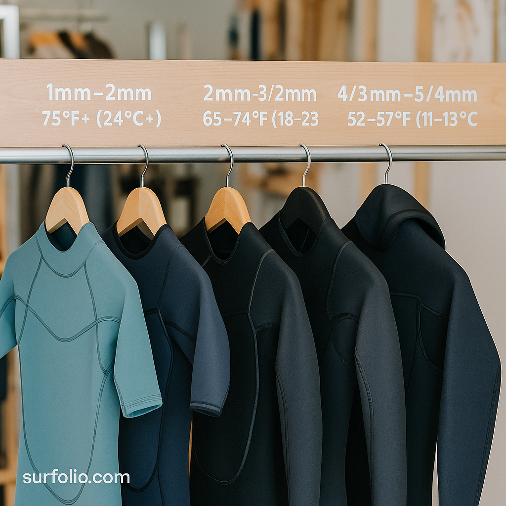 A lineup of wetsuits in different thicknesses and styles displayed in a surf shop.