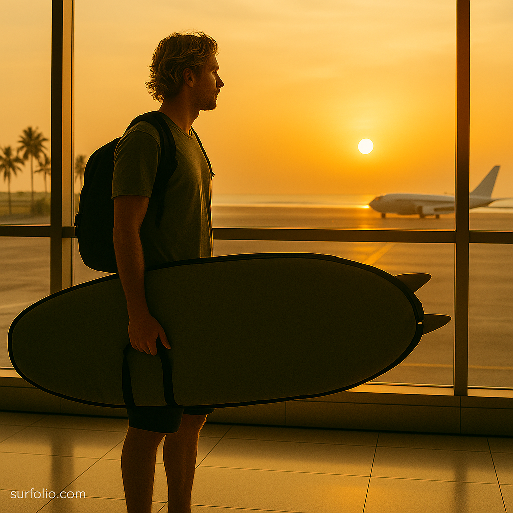 Surfer at an airport holding a surfboard travel bag, ready for departure with tropical sunrise outside.