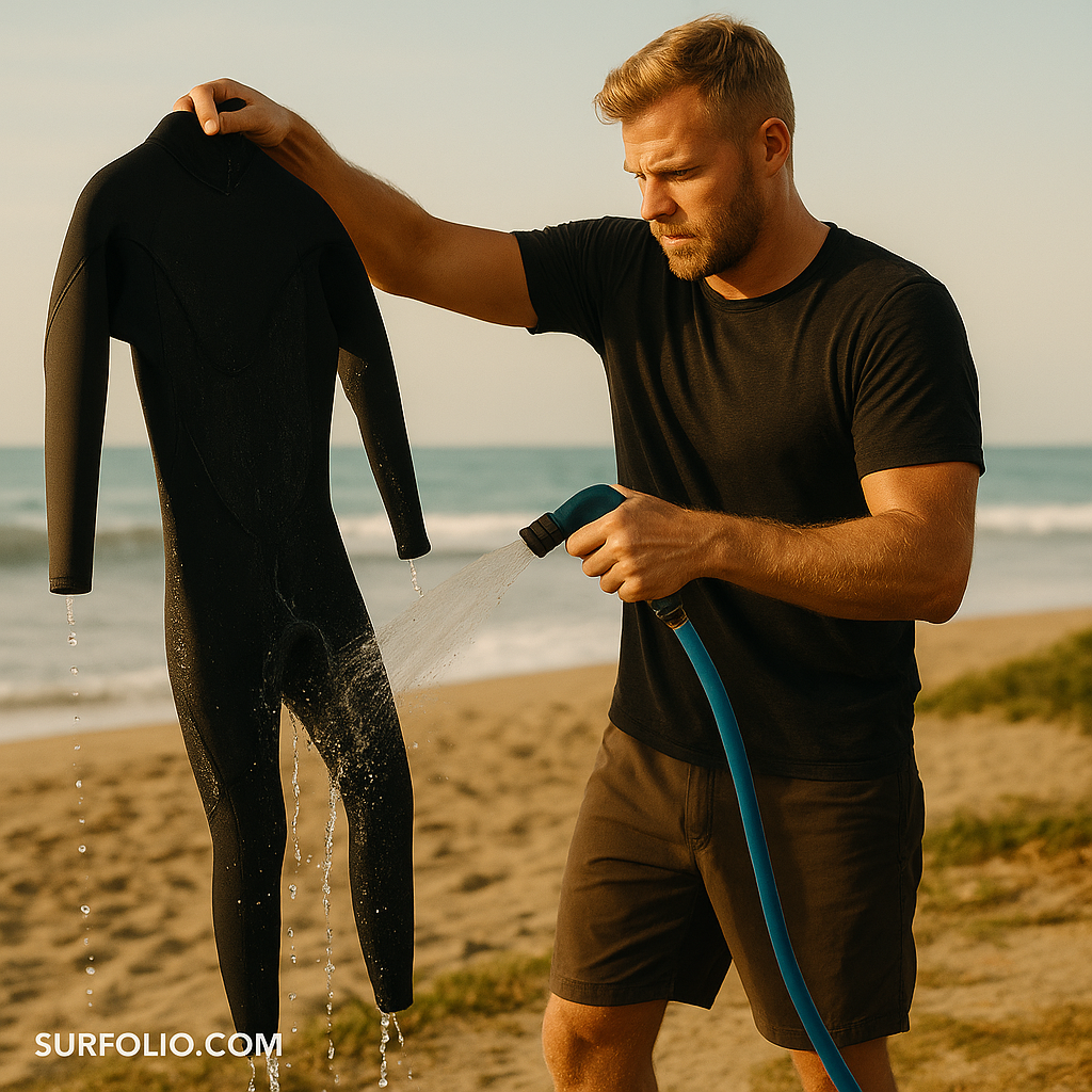 Surfer rinsing a wetsuit with fresh water after a surf session on the beach.