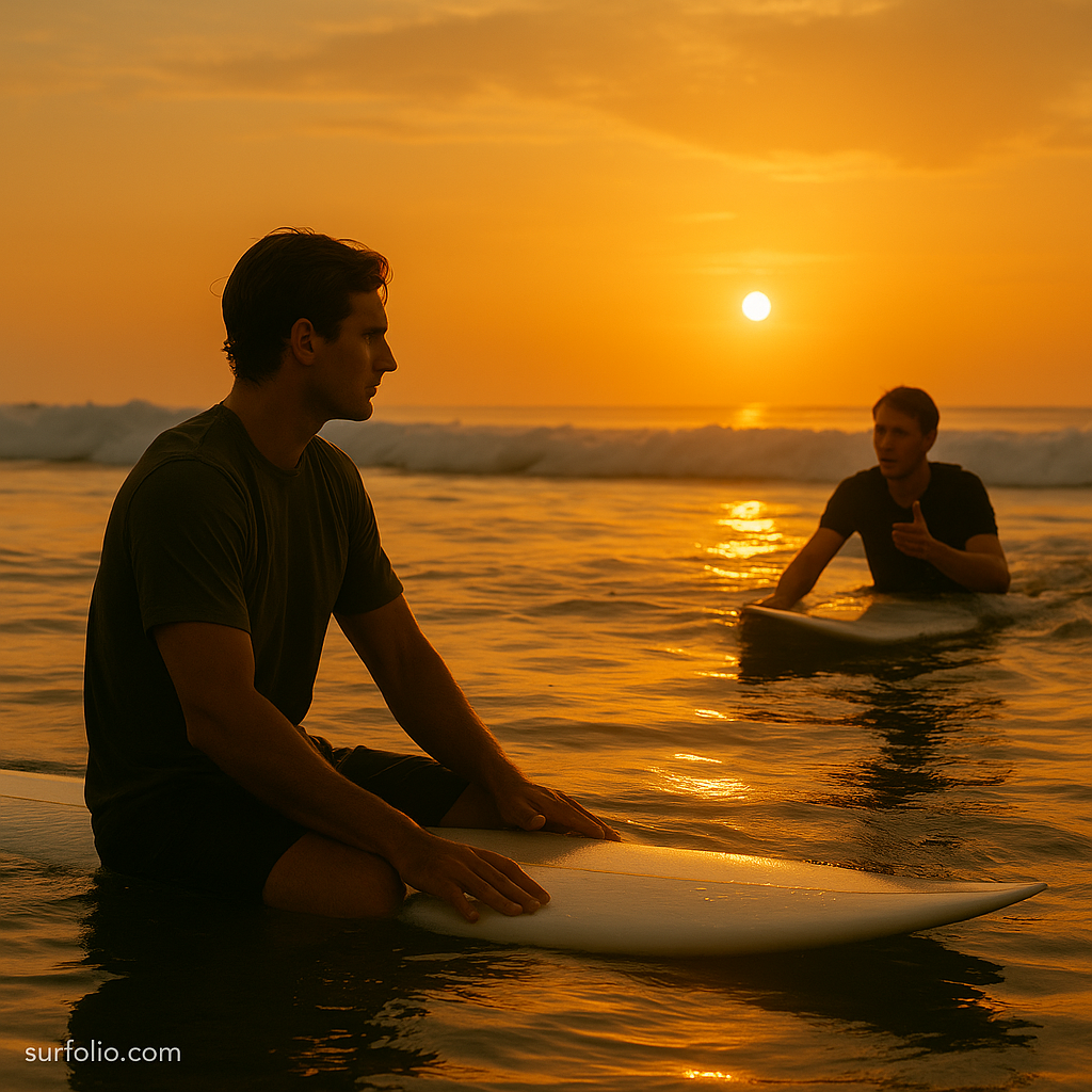 Surfer calmly sitting on their board in the lineup while another surfer paddles by, symbolizing respect and composure in the surf zone.
