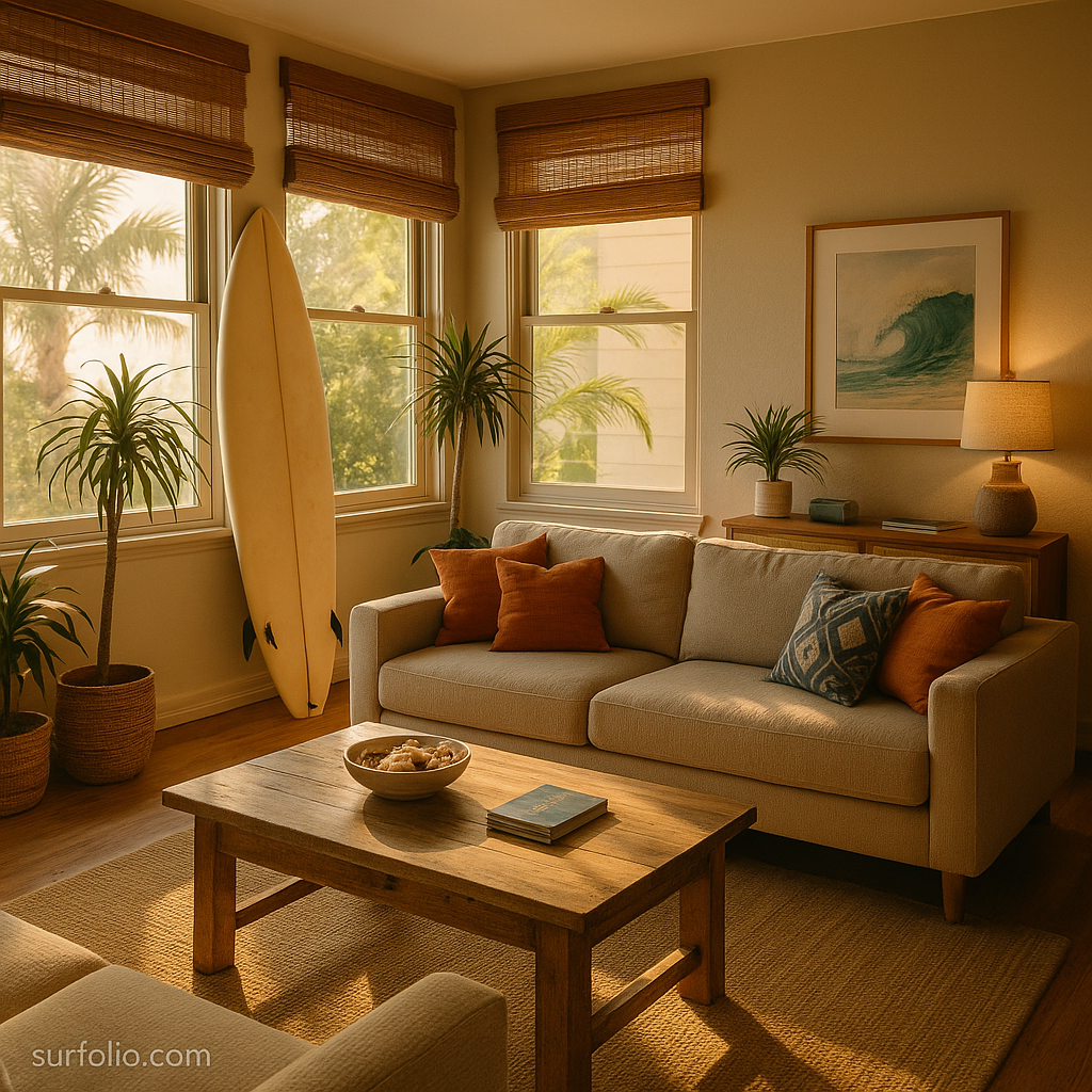 Surf-inspired beach home interior with natural light, surfboard decor, and coastal tones.
