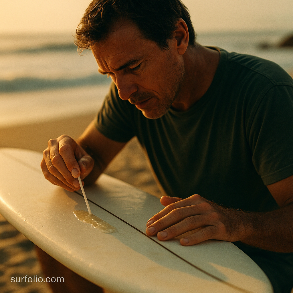 Surfer repairing a small ding on a surfboard with resin under golden light.