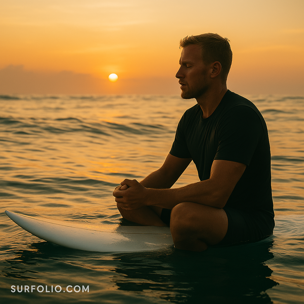 Surfer sitting on their board at sunrise, breathing deeply and staying calm in the lineup.