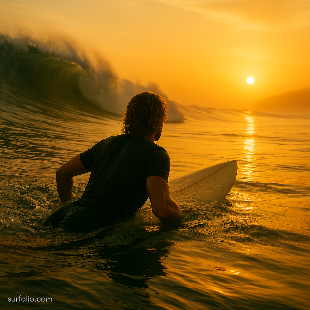 Surfer paddling toward a large wave at sunrise, symbolizing courage and confidence in bigger surf.
