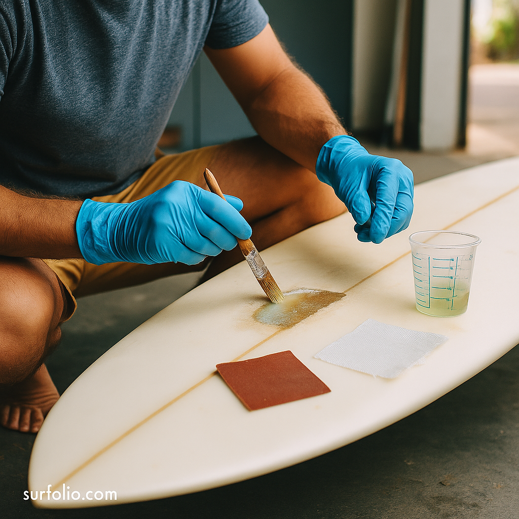 Surfer repairing a ding on a surfboard at home with resin and sandpaper.