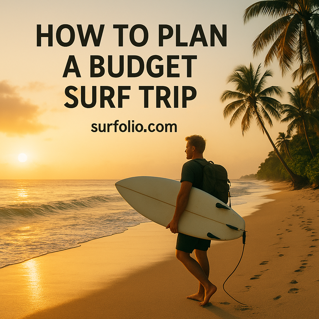 Surfer walking along a tropical beach carrying a board and backpack, ready for a budget surf adventure.