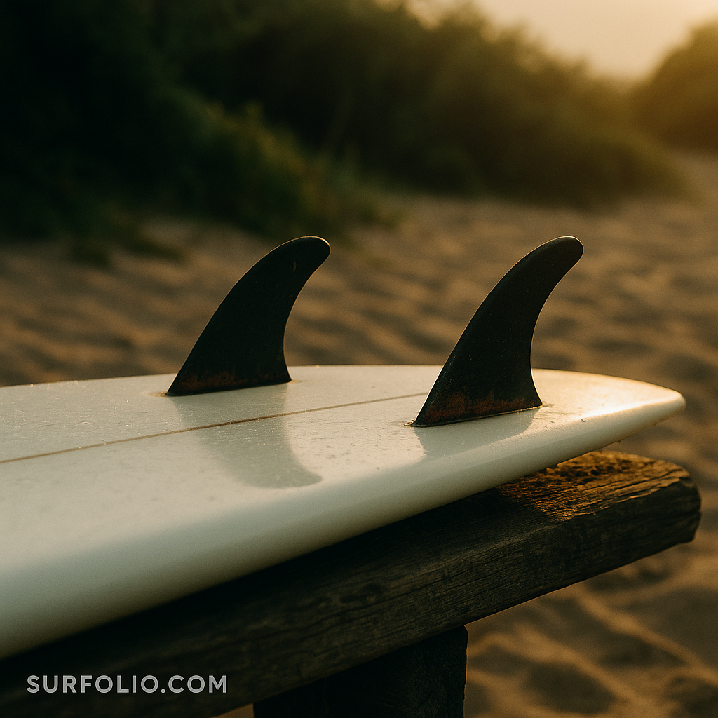 Close-up of a white surfboard with slightly rusted fins resting on a wooden bench at the beach during sunset.