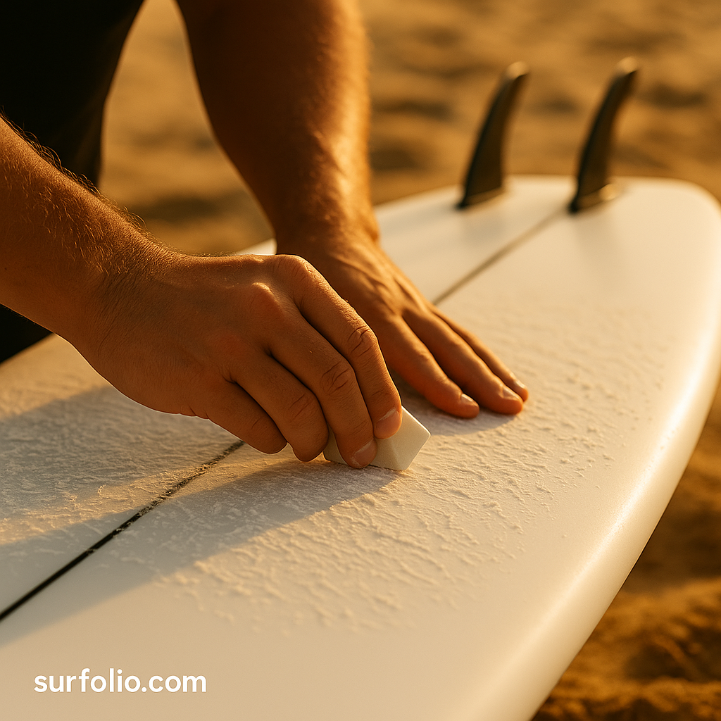 A surfer applies wax to a surfboard deck under sunlight, preparing for a session.