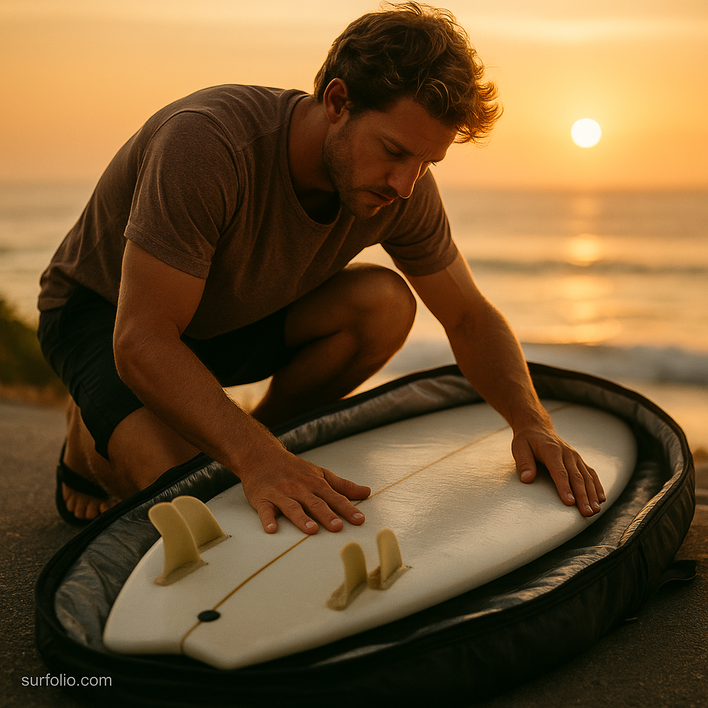 Surfer packing a board into a padded travel bag at sunset before a flight.