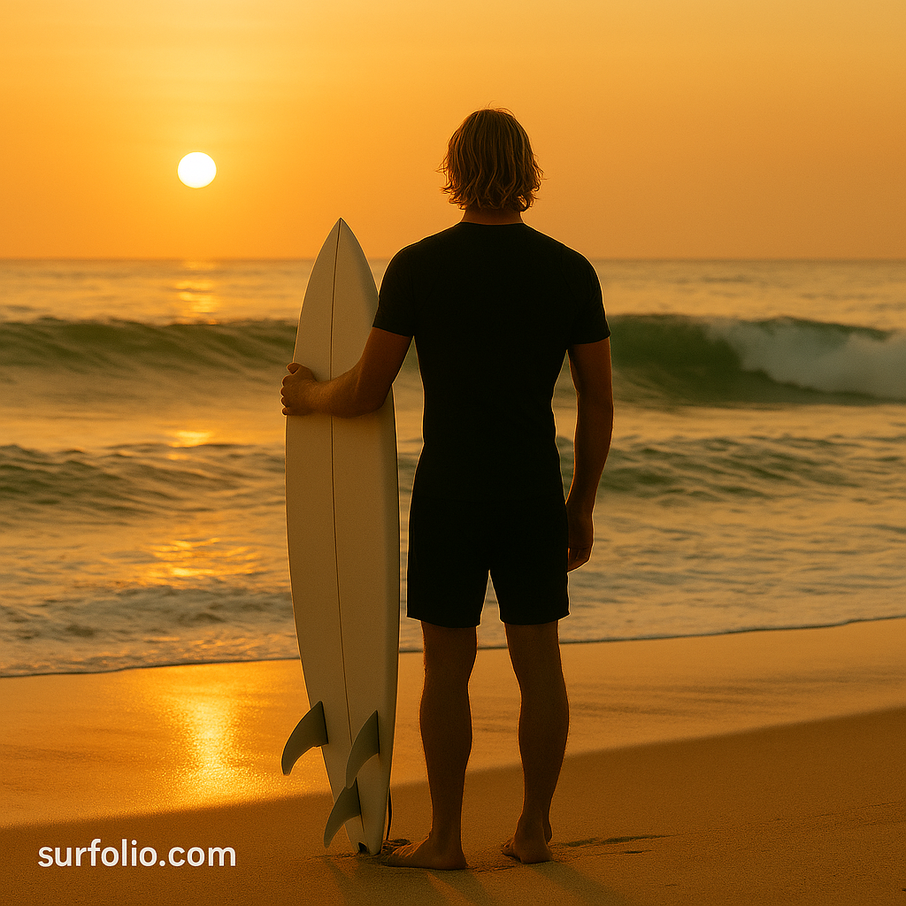 A surfer studies the waves from the beach at sunrise, reading swell patterns and peaks.