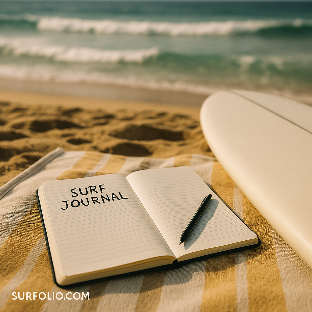 Open surf journal on a beach towel beside a surfboard and pen, with waves in the background.