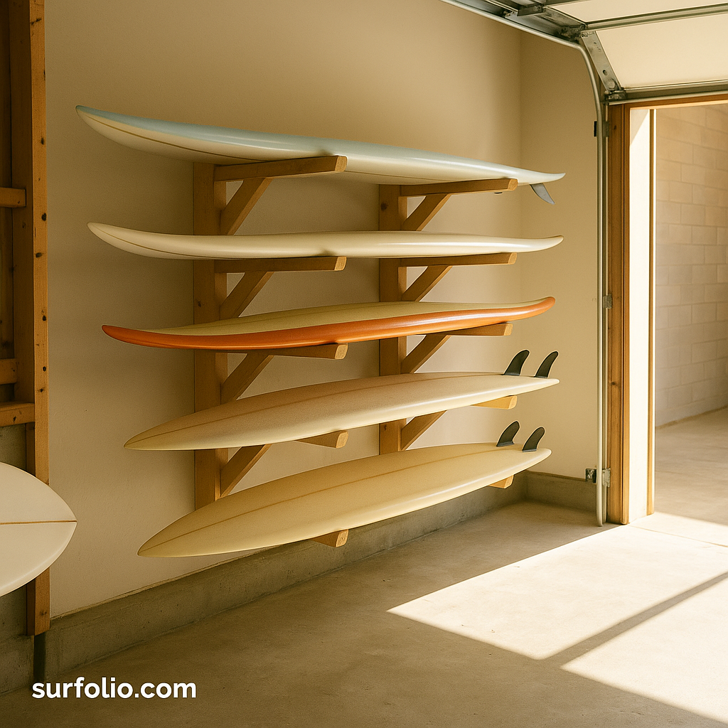Surfboards neatly stored on a wall rack in a well-lit garage.