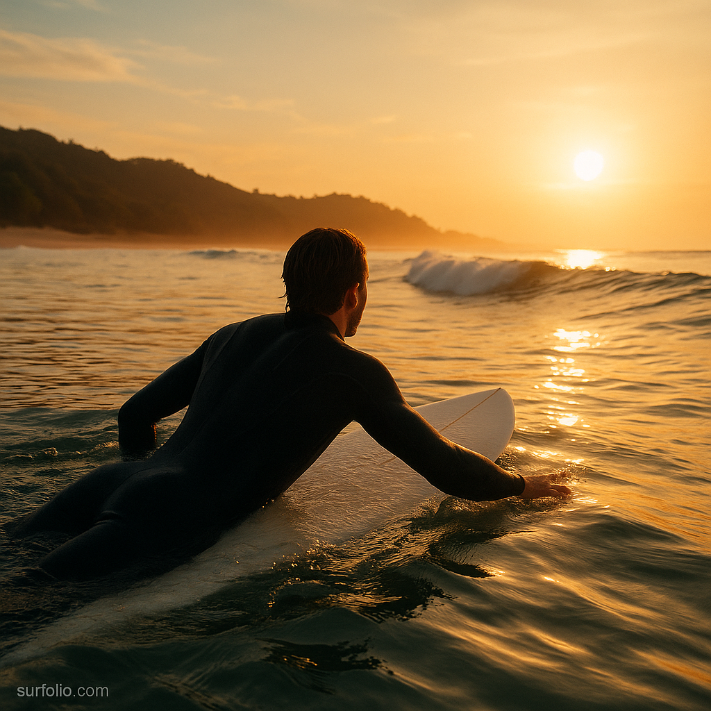 Surfer paddling near a lifeguard-flagged swimming area at golden sunset, maintaining safe distance.