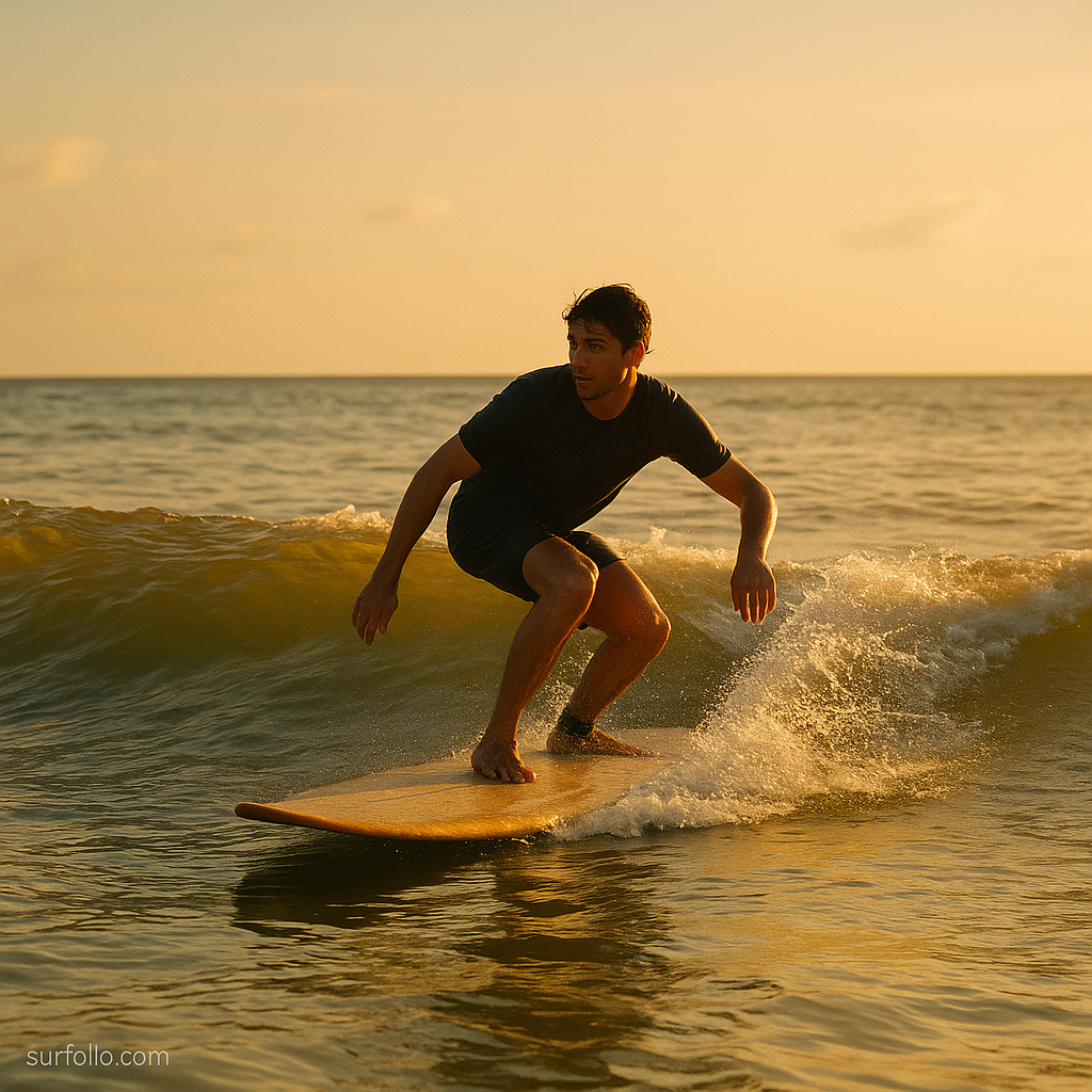 Surfer riding a small clean wave confidently under golden sunlight.
