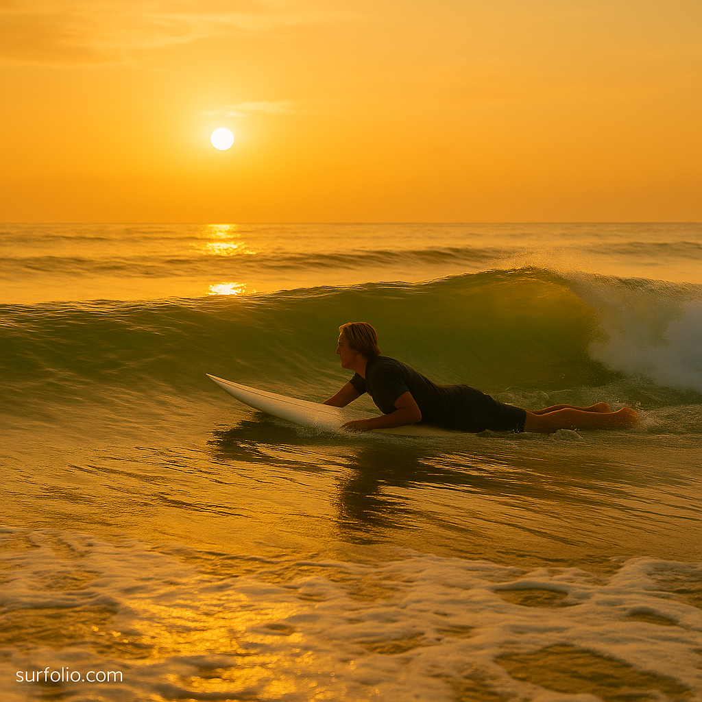 Surfer paddling into a small green wave under golden sunlight.