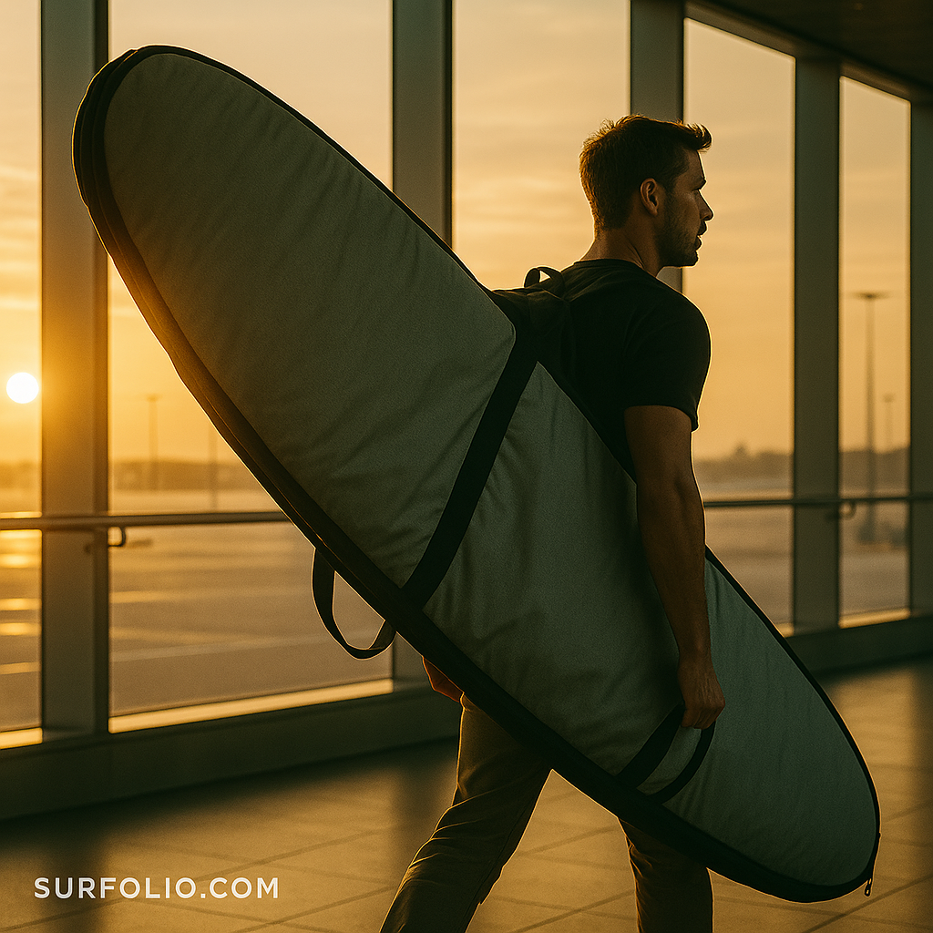 Surfer walking through an airport terminal with a padded surfboard bag over their shoulder at sunrise.