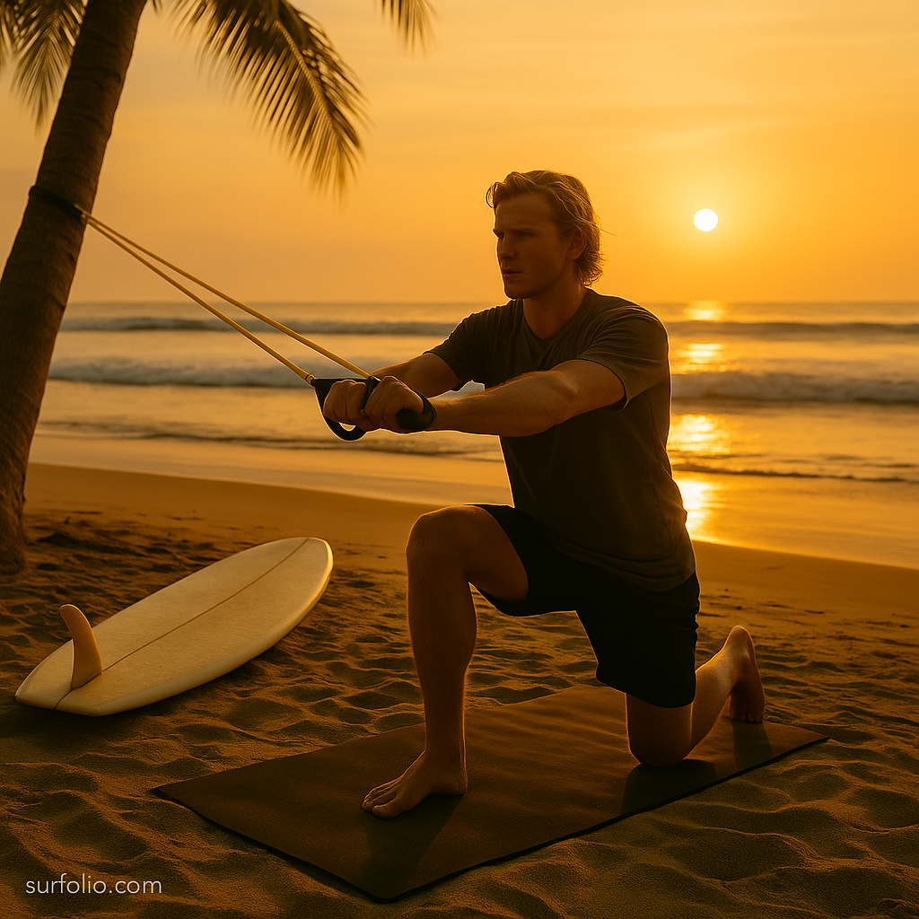Surfer training with resistance bands in a sunny beach setting to build paddle power.