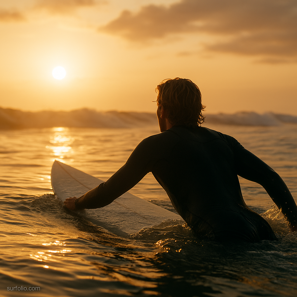 Surfer paddling through golden water, with mist rising from a cool ocean at sunrise.