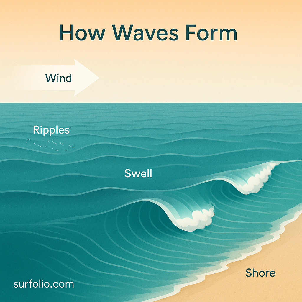 Illustrated diagram showing wind creating swells that travel across the ocean and break near the shore.