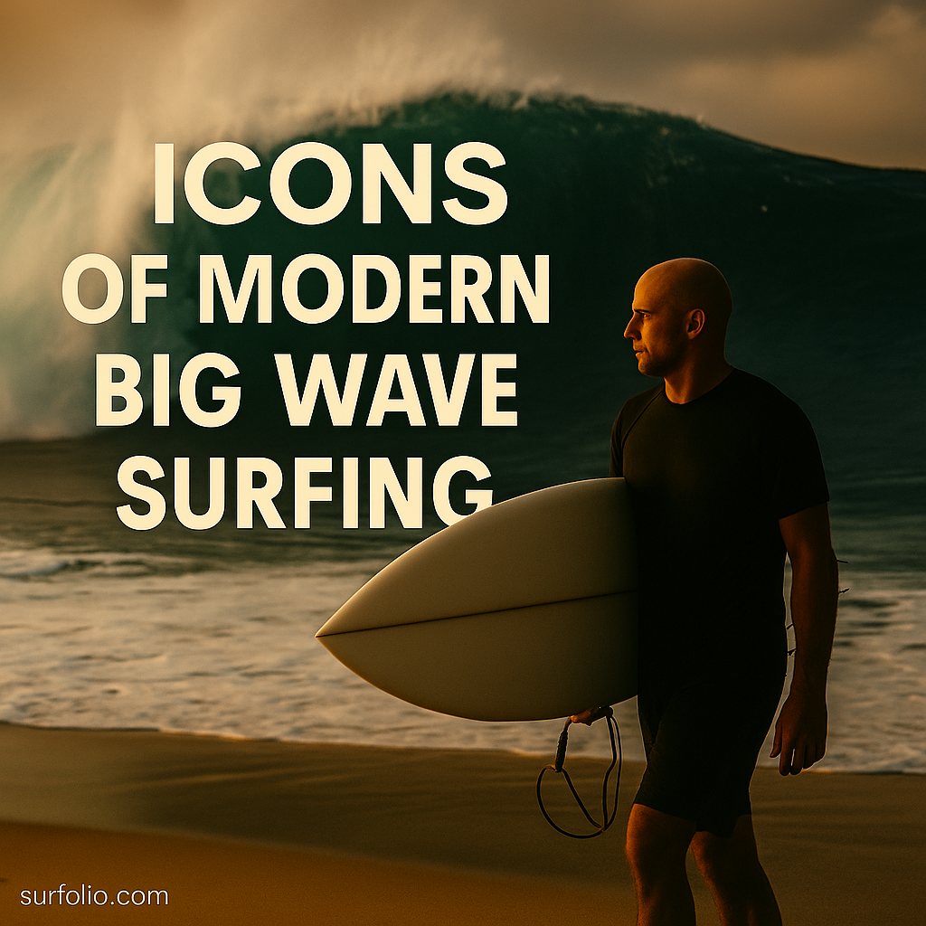 A cinematic photograph of surfers riding massive golden waves at sunrise, representing modern big wave surfing and the power of the ocean.