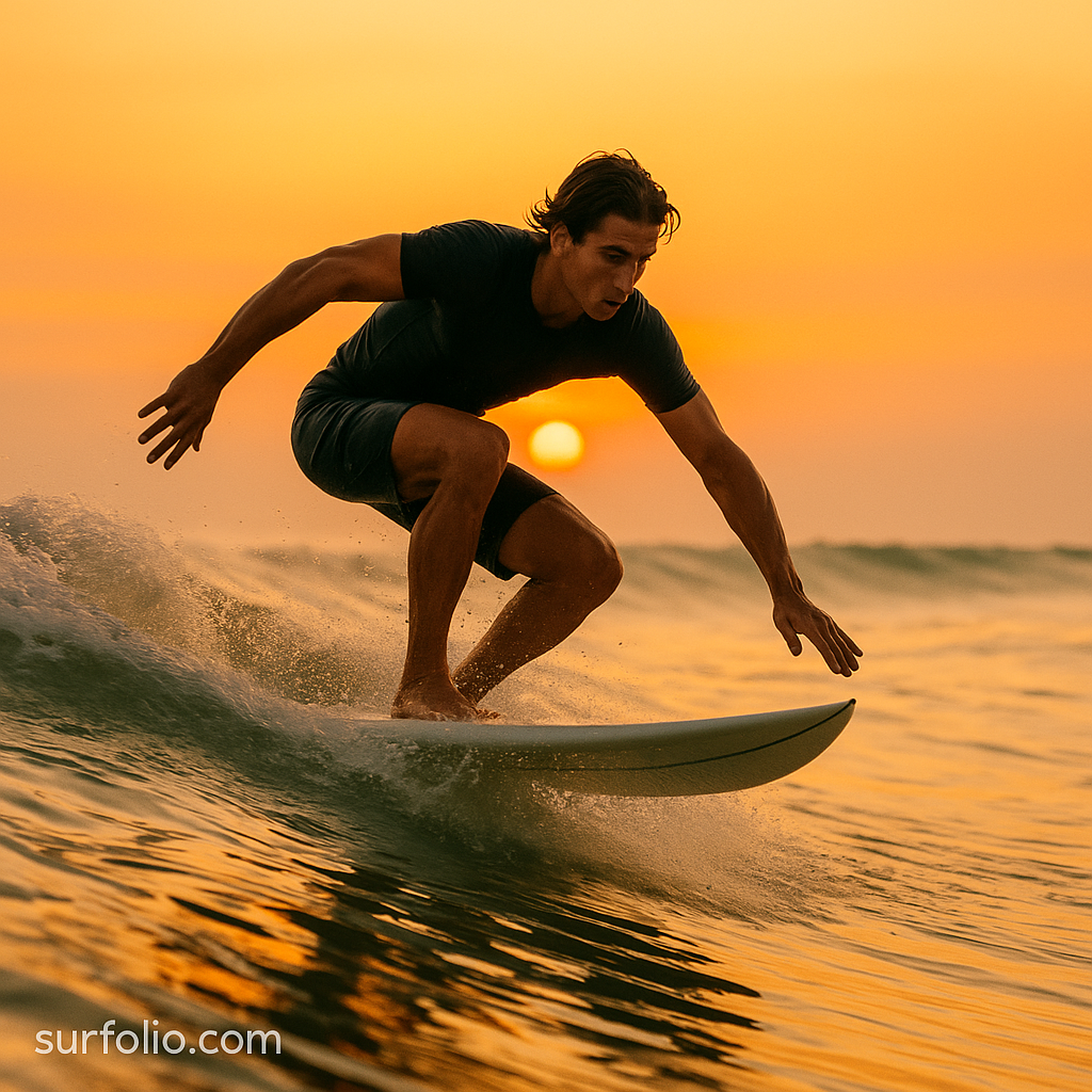 Surfer practicing quick pop-up technique on a wave during sunrise.