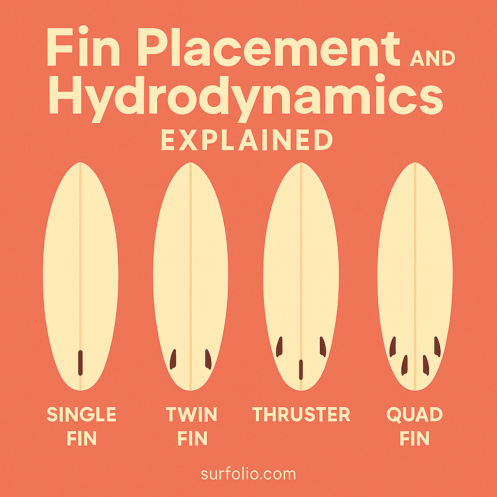 Educational infographic illustrating different surfboard fin setups—single, twin, thruster, and quad—explaining how fin placement affects board control and hydrodynamics.