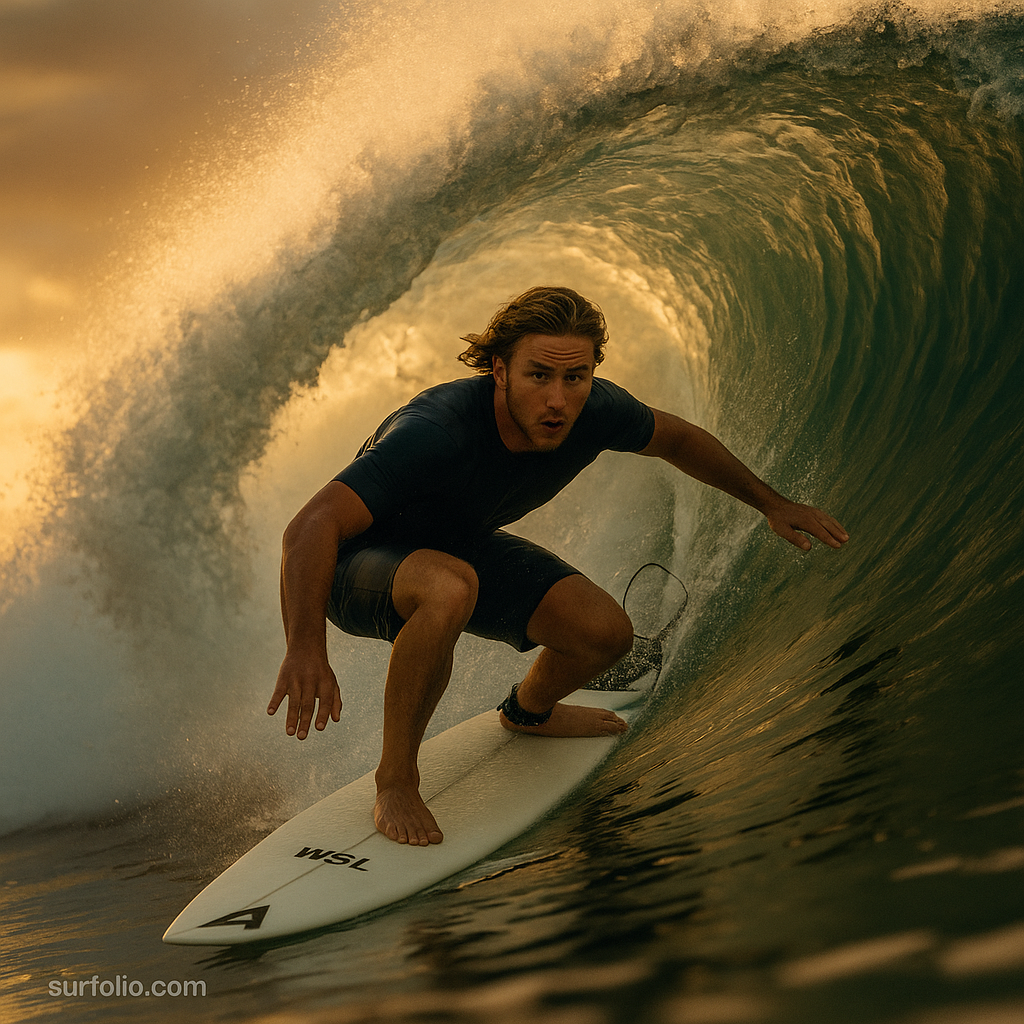 Jack Robinson riding a powerful barrel wave with perfect form at sunset.