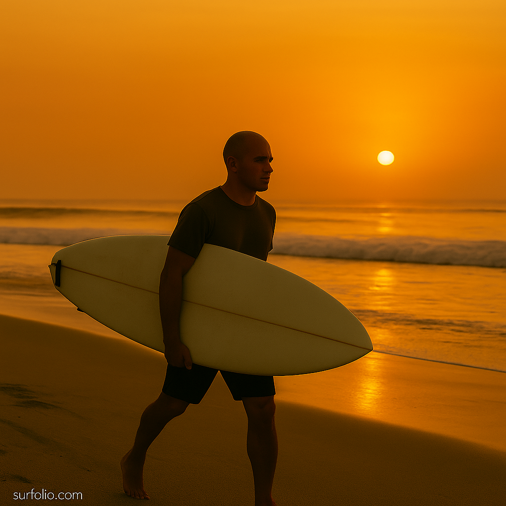 Kelly Slater walking along the beach holding his surfboard at sunrise, symbolizing his environmental advocacy.