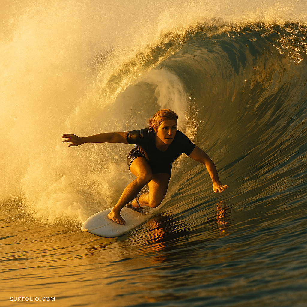 Lisa Andersen surfing a powerful wave with confidence and grace under golden light.