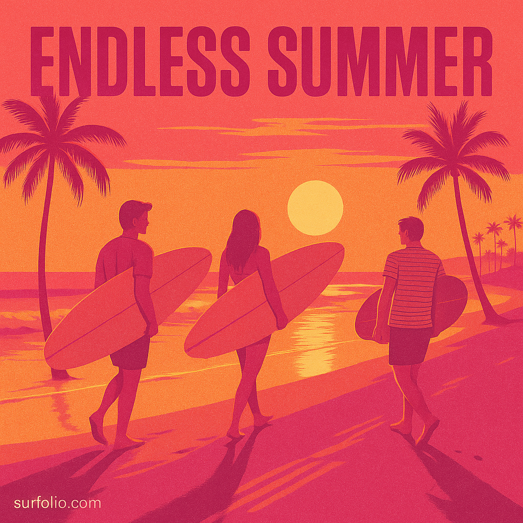Three surfers walking toward the ocean at sunset, symbolizing the Endless Summer lifestyle.