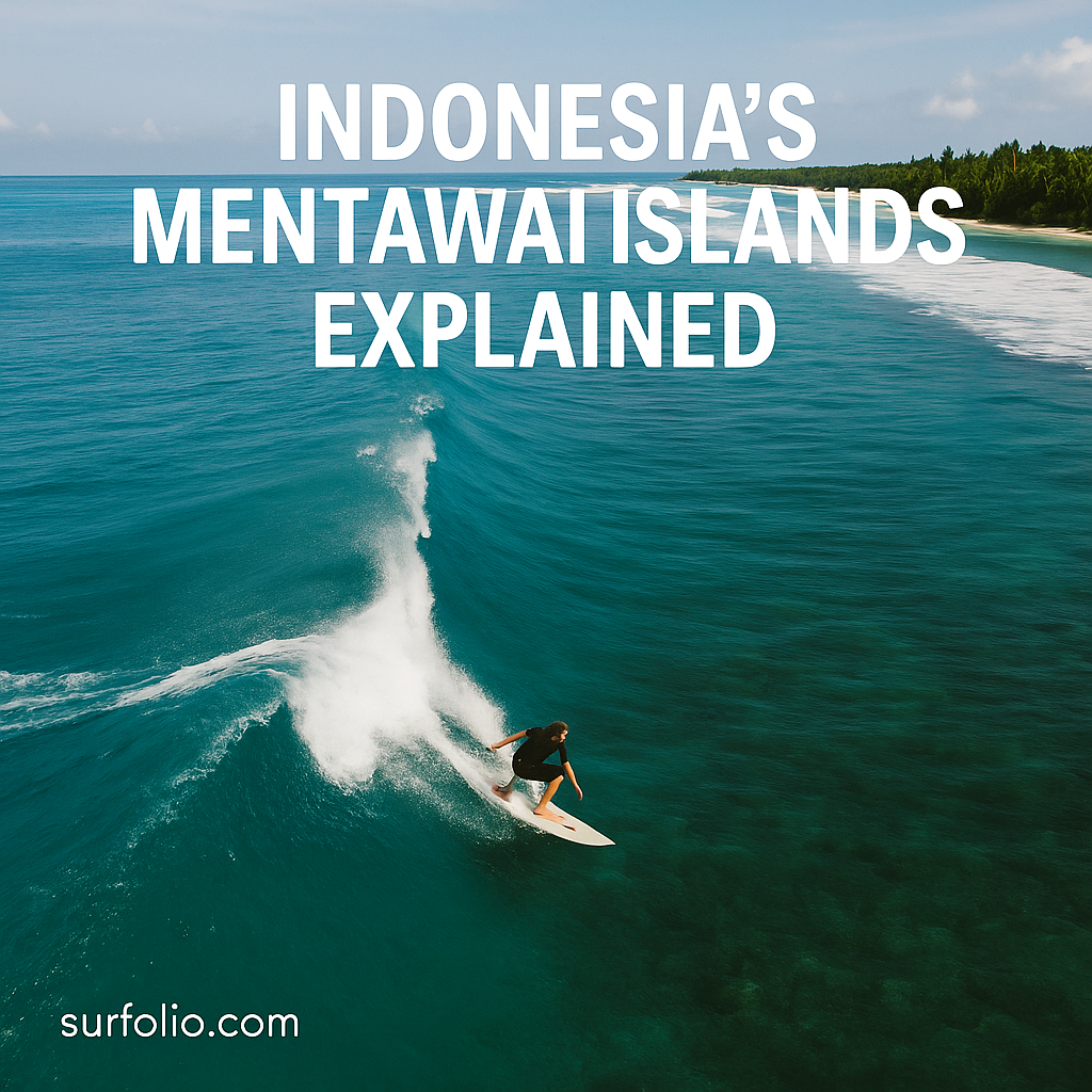 Aerial view of the Mentawai Islands showing turquoise waves breaking along coral reefs.