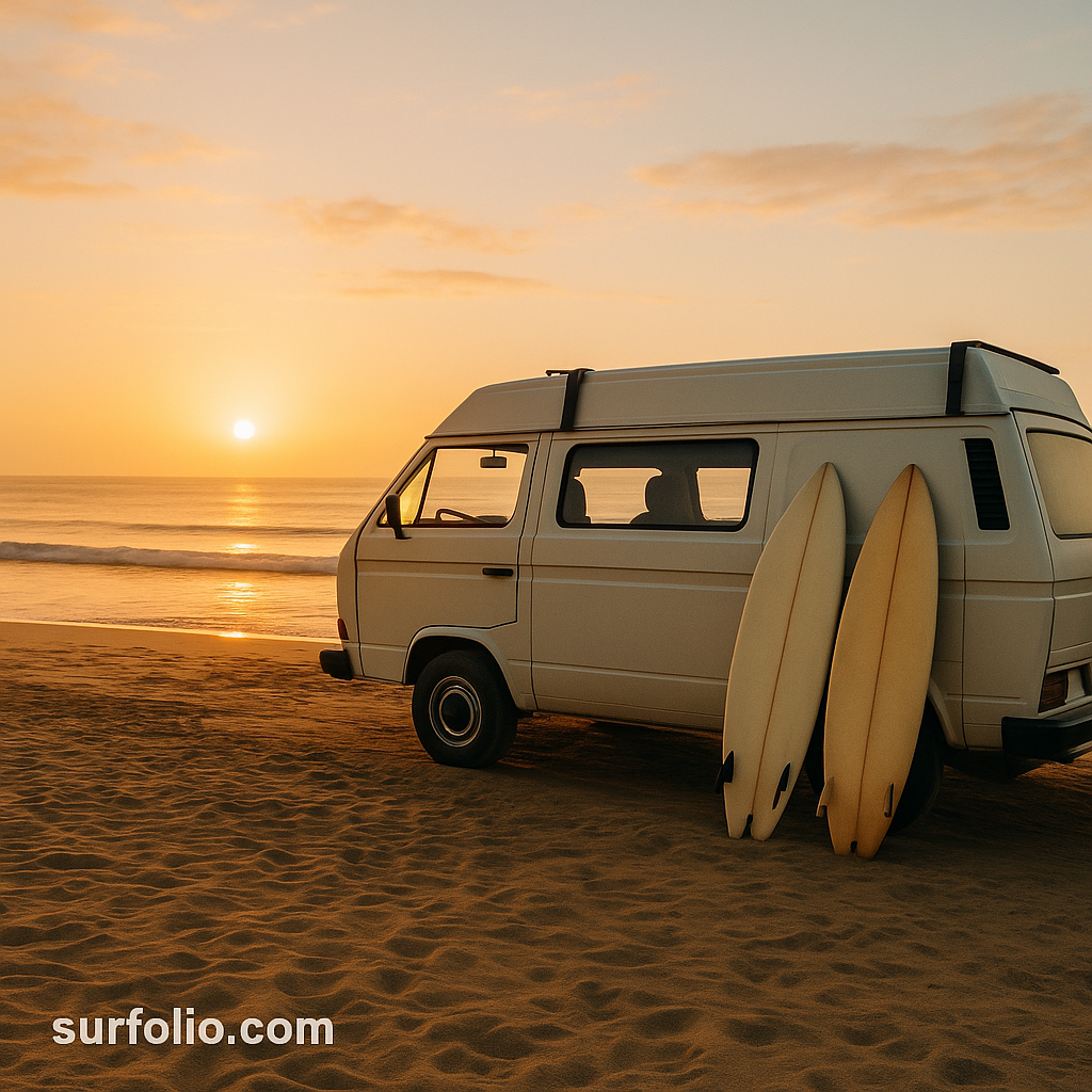 A minimalist surf van parked by the beach with surfboards and sunrise waves in the background.