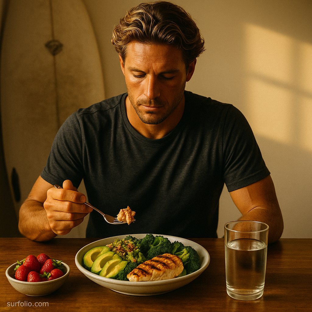 Surfer eating a balanced meal with fresh vegetables and protein before a surf session.