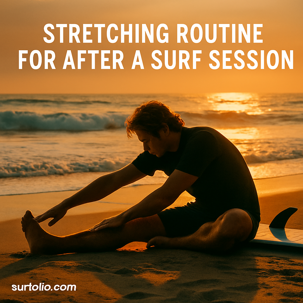 Surfer stretching on the beach after a surf session with the ocean in the background.
