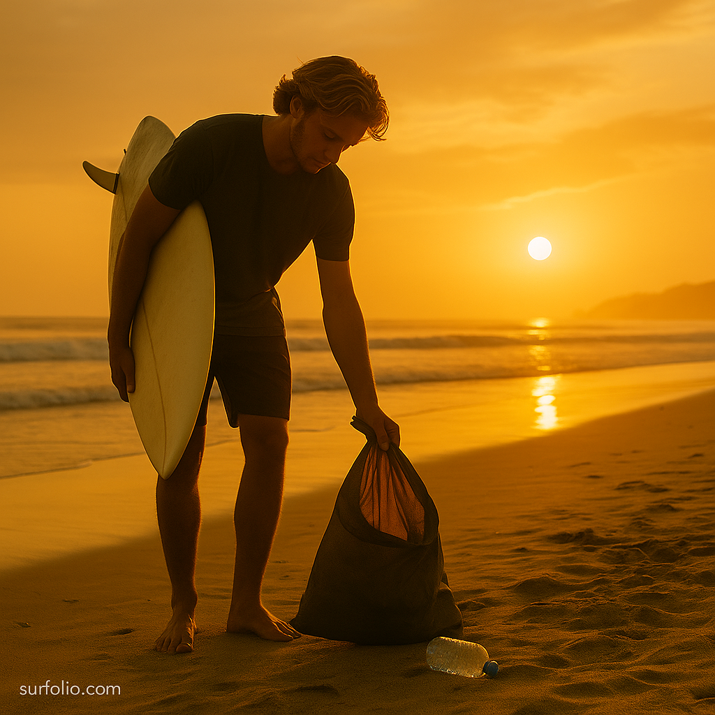 Surfer picking up trash on the beach at sunrise as part of Leave No Trace surfing practices.