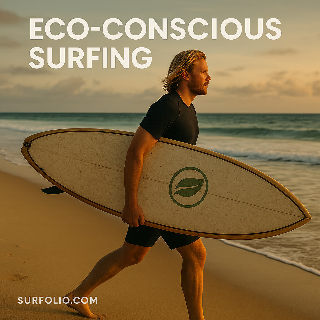 Surfer carrying an eco-friendly board made from sustainable materials along a clean beach.