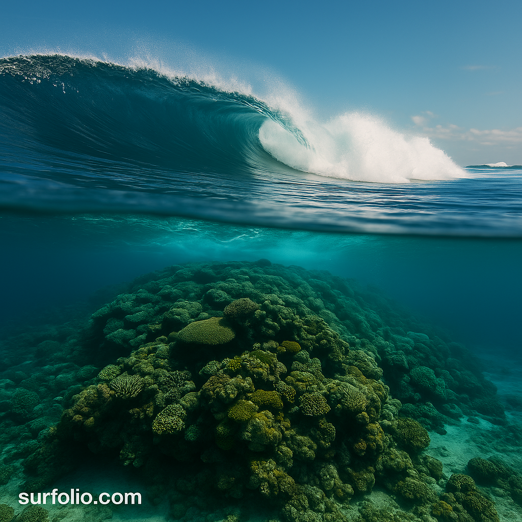 Aerial view of waves breaking over a vibrant coral reef showing how the reef shapes the wave.