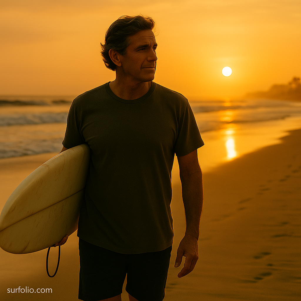 Shaun Tomson walking along a golden beach with his surfboard under his arm, the ocean glowing in sunset light.