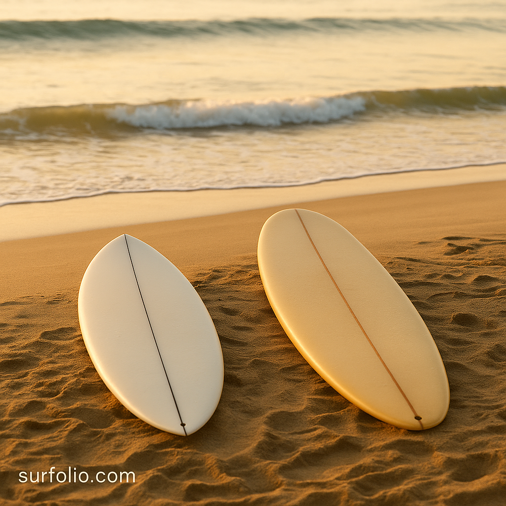 A shortboard and longboard lying side by side on the beach, with waves rolling in behind them.
